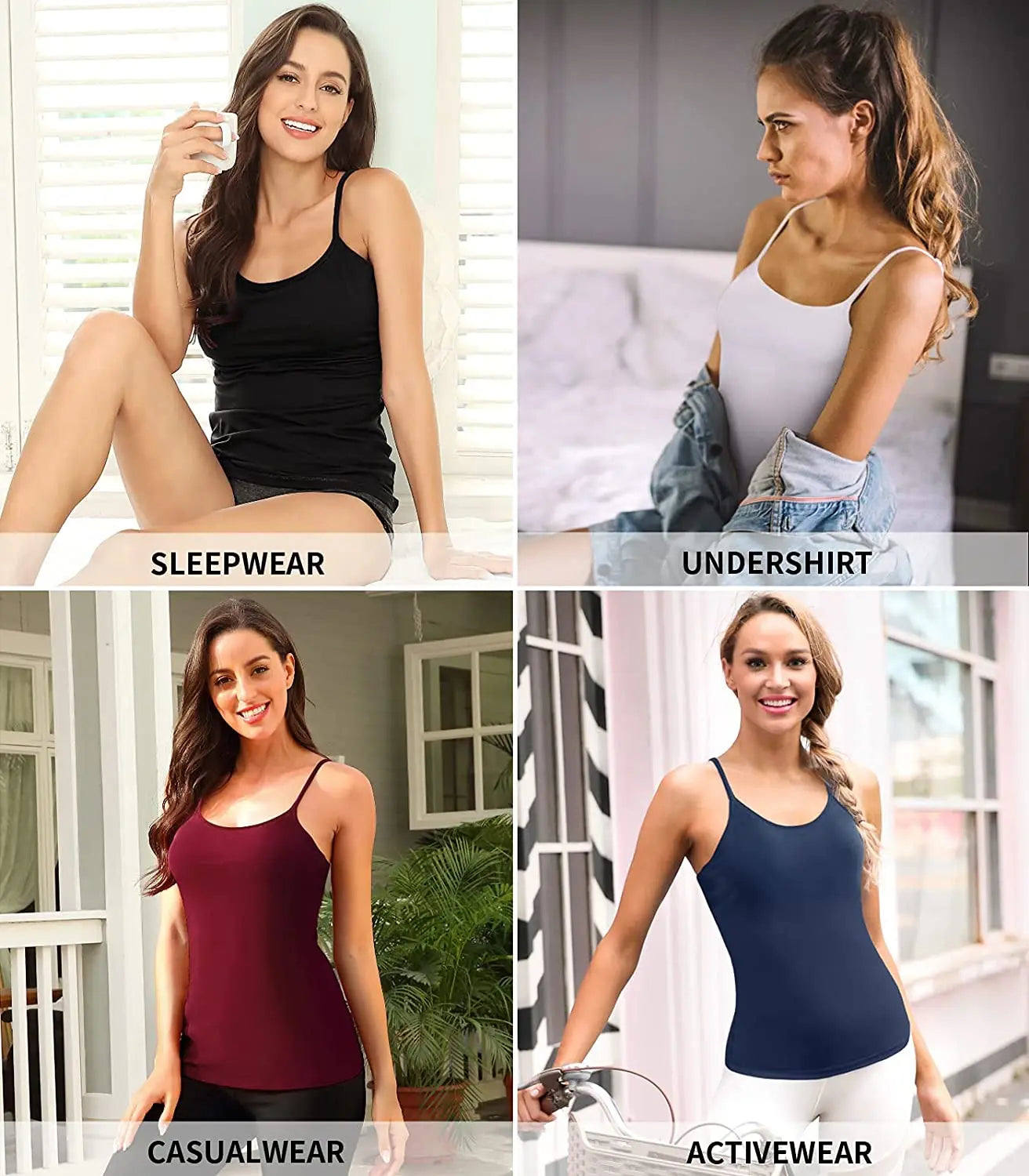 Anfilia Women Basic Camisole Cotton Camisole Tank Tops Built In Self Bra Adjustable Strapped Sleepwear Jogging Wear Running Vest