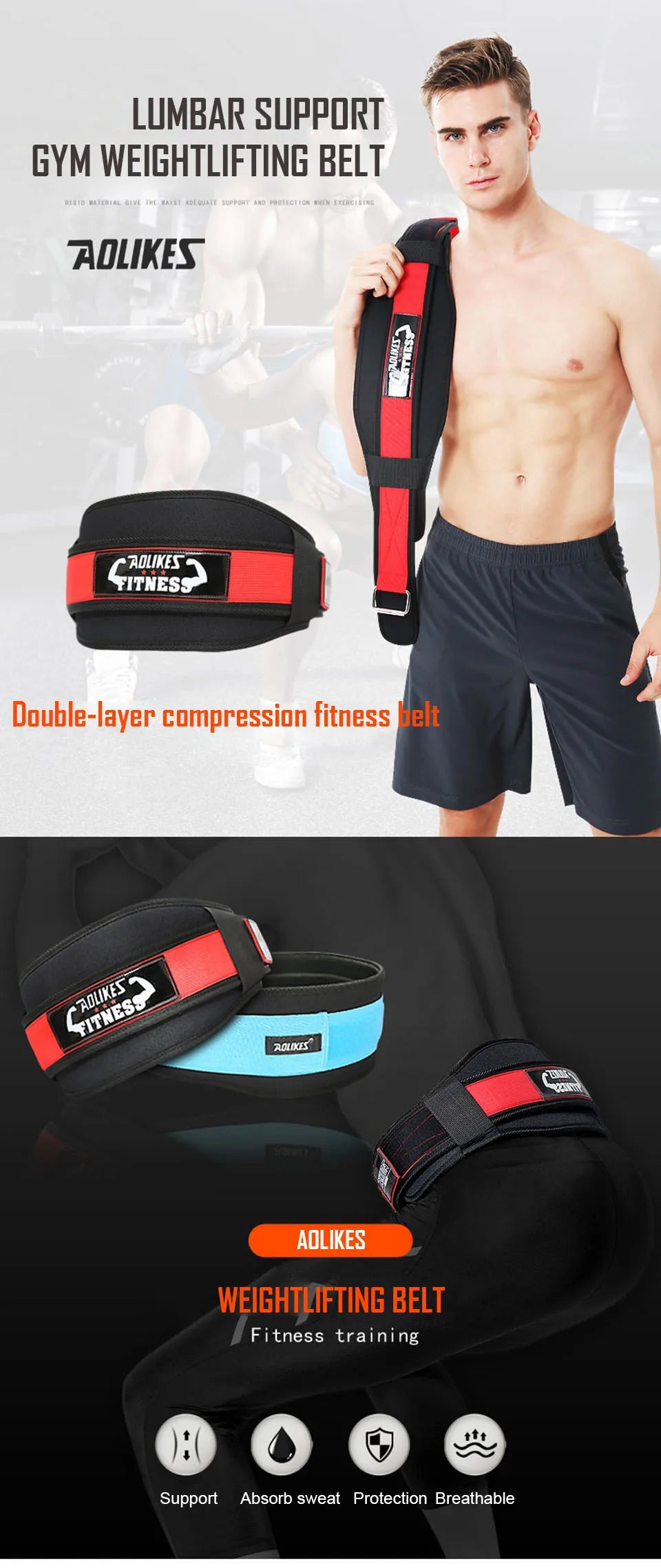 AOLIKES Gym Weightlifting Belt Adjustable Waist Back Support Squat Dumbbell Barbell Deadlifts Training Fitness