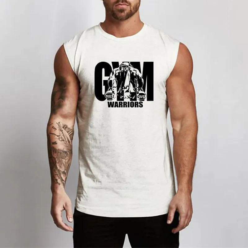 Man wearing a white sleeveless shirt with 'Gym Warriors' graphic design on a plain background