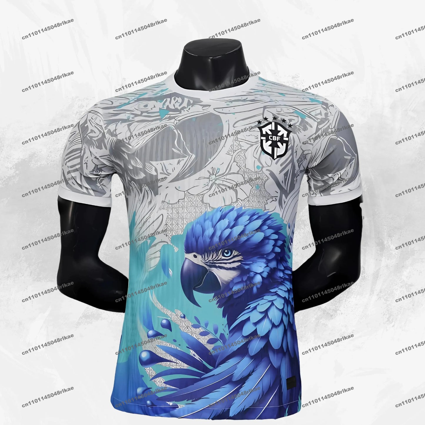 T-shirt with a blue parrot design on a mannequin against a white background