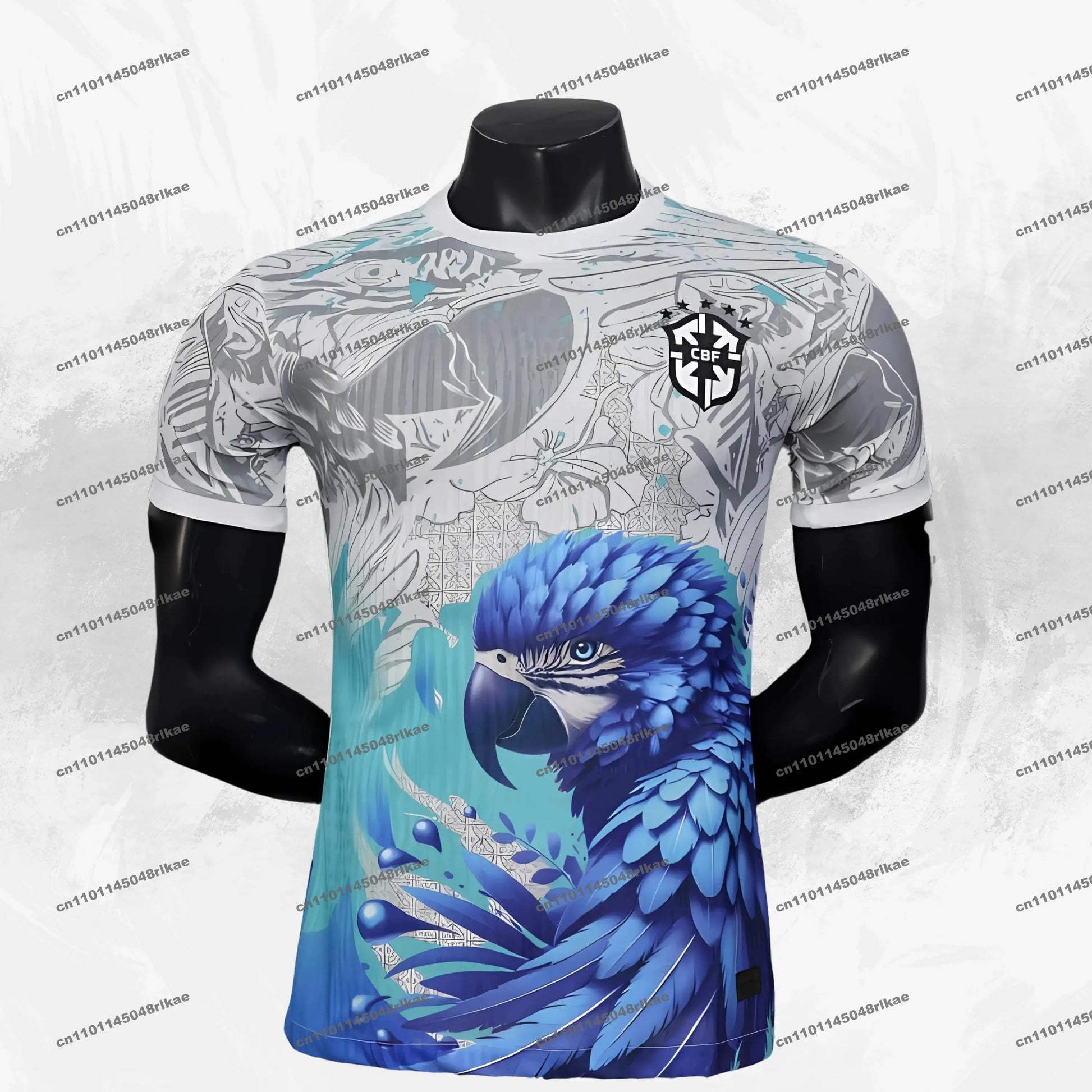 T-shirt with a blue parrot design on a mannequin against a white background