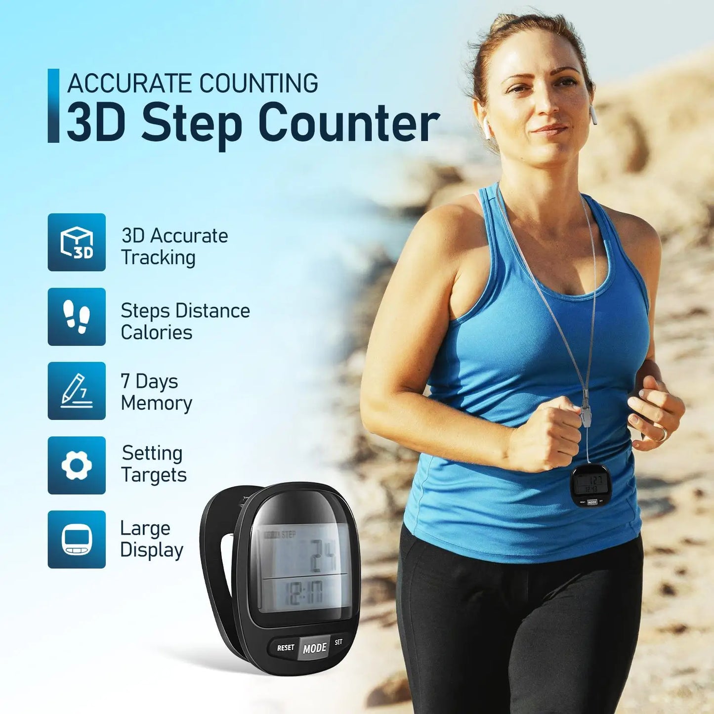 Portable Pedometer Step Counter Clip On Large Screen Fitness Walking Hiking Climbing Outdoor Reusable Plastic 7 Day