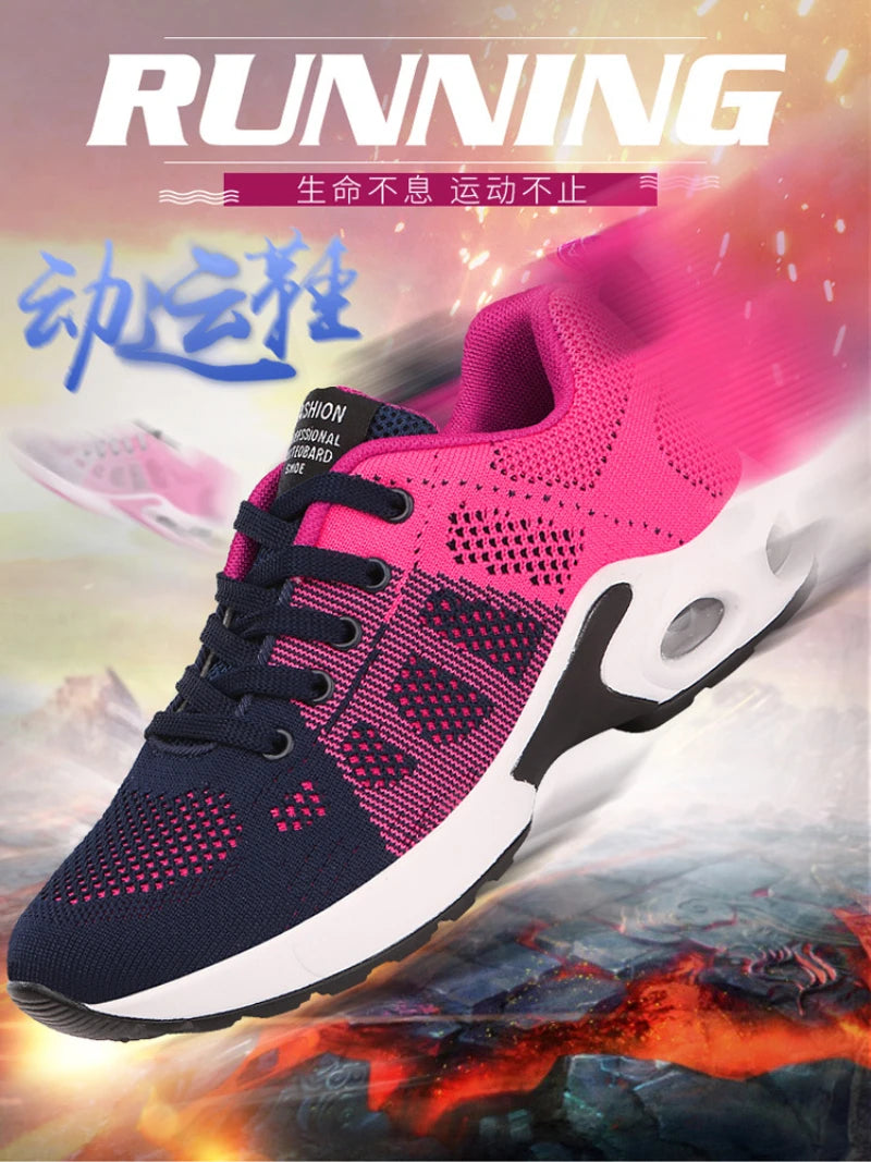 New Spring Flying Knitted Sports Shoes Women's Breathable Mesh Air Cushion Shoes Casual Running Women's Shoes Light Travel Shoes