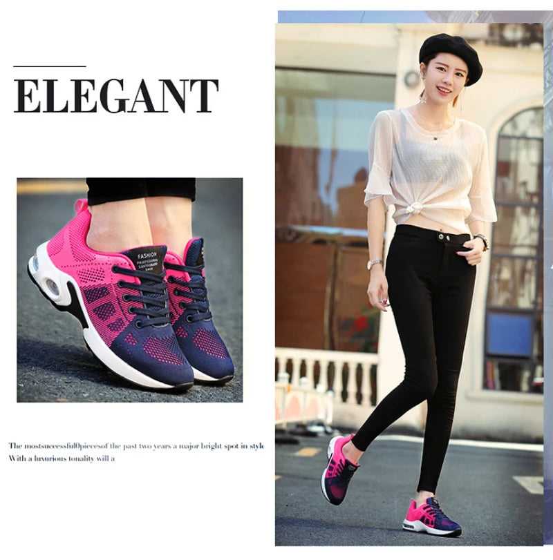 New Spring Flying Knitted Sports Shoes Women's Breathable Mesh Air Cushion Shoes Casual Running Women's Shoes Light Travel Shoes