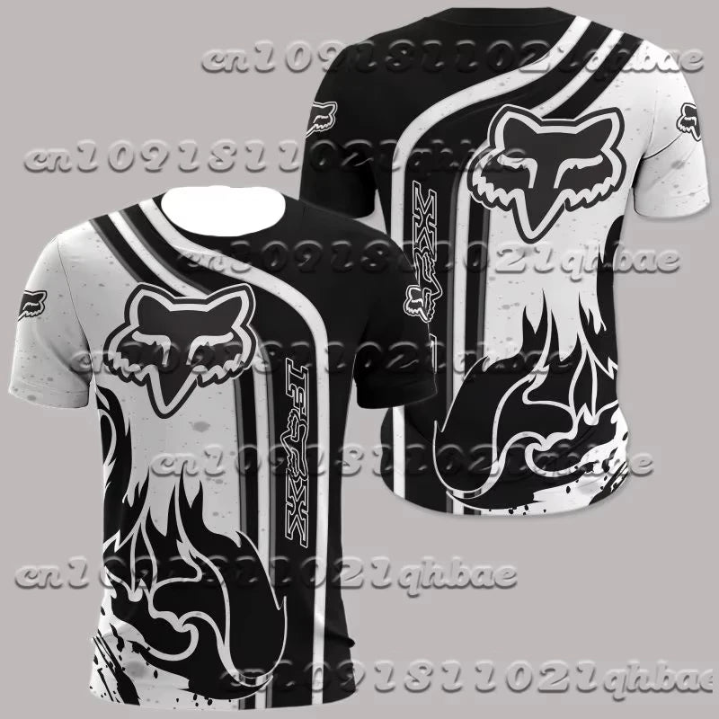 Black and white t-shirt with a prominent fox logo on a gray background