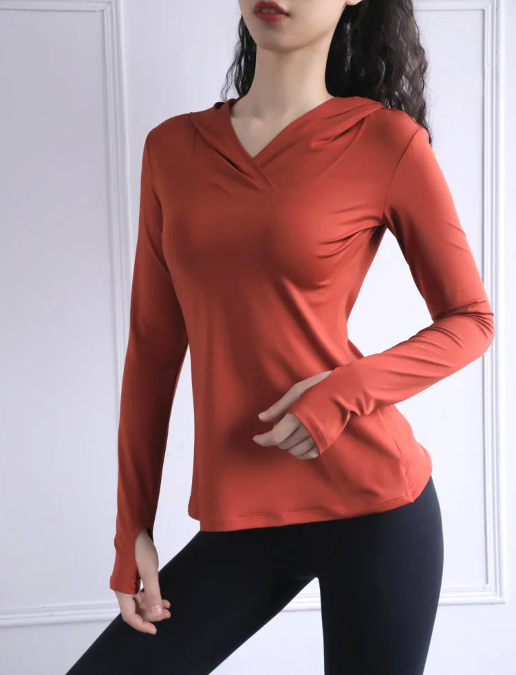 Women's Back Fork Mesh Breathable Yoga Shirt Long Sleeve Thumb Hole Hoodie Waist Tops Slim Slim Fitness Clothing