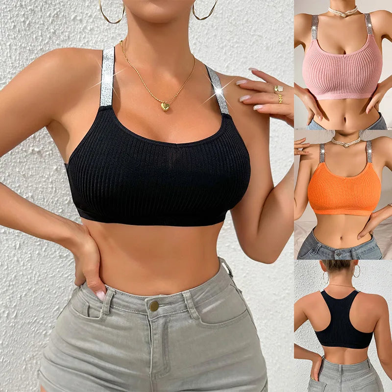 Women's Nylon Knit Bra Camisole | Lingerie Crop Top Bralette Strappy Halter Outerwear-Sexy Fitted Short Tops & Underwear