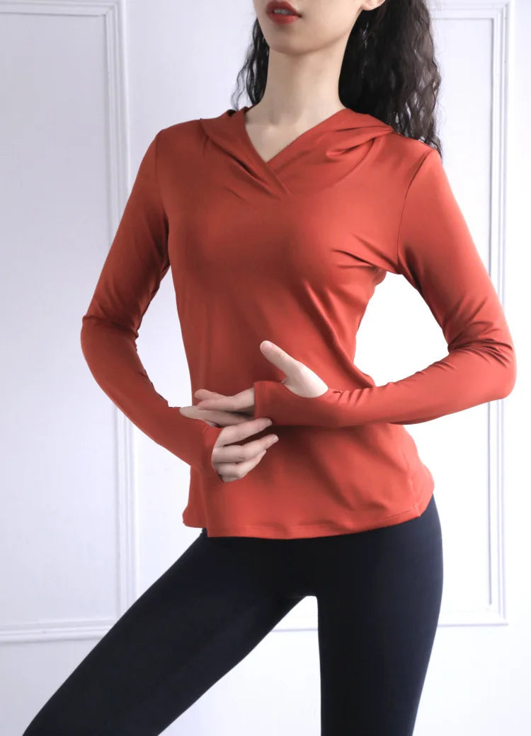 Women's Back Fork Mesh Breathable Yoga Shirt Long Sleeve Thumb Hole Hoodie Waist Tops Slim Slim Fitness Clothing