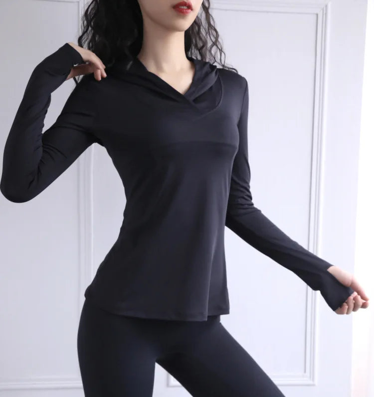 Women's Back Fork Mesh Breathable Yoga Shirt Long Sleeve Thumb Hole Hoodie Waist Tops Slim Slim Fitness Clothing