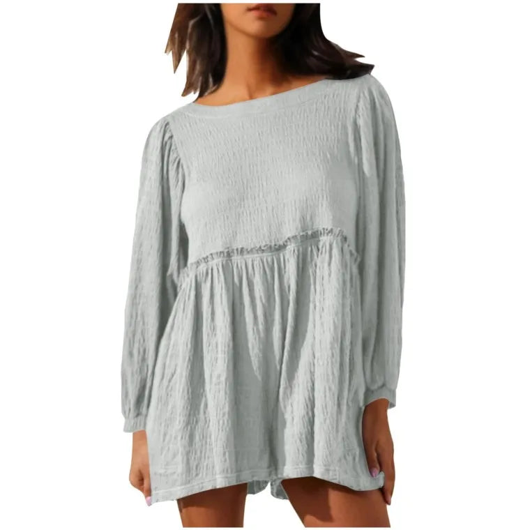 Fashion Women's Shorts Jumpsuit Summer Long Sleeve Casual Jumpsuit with Shorts Women Loose Breathable Short Jumpsuits Female