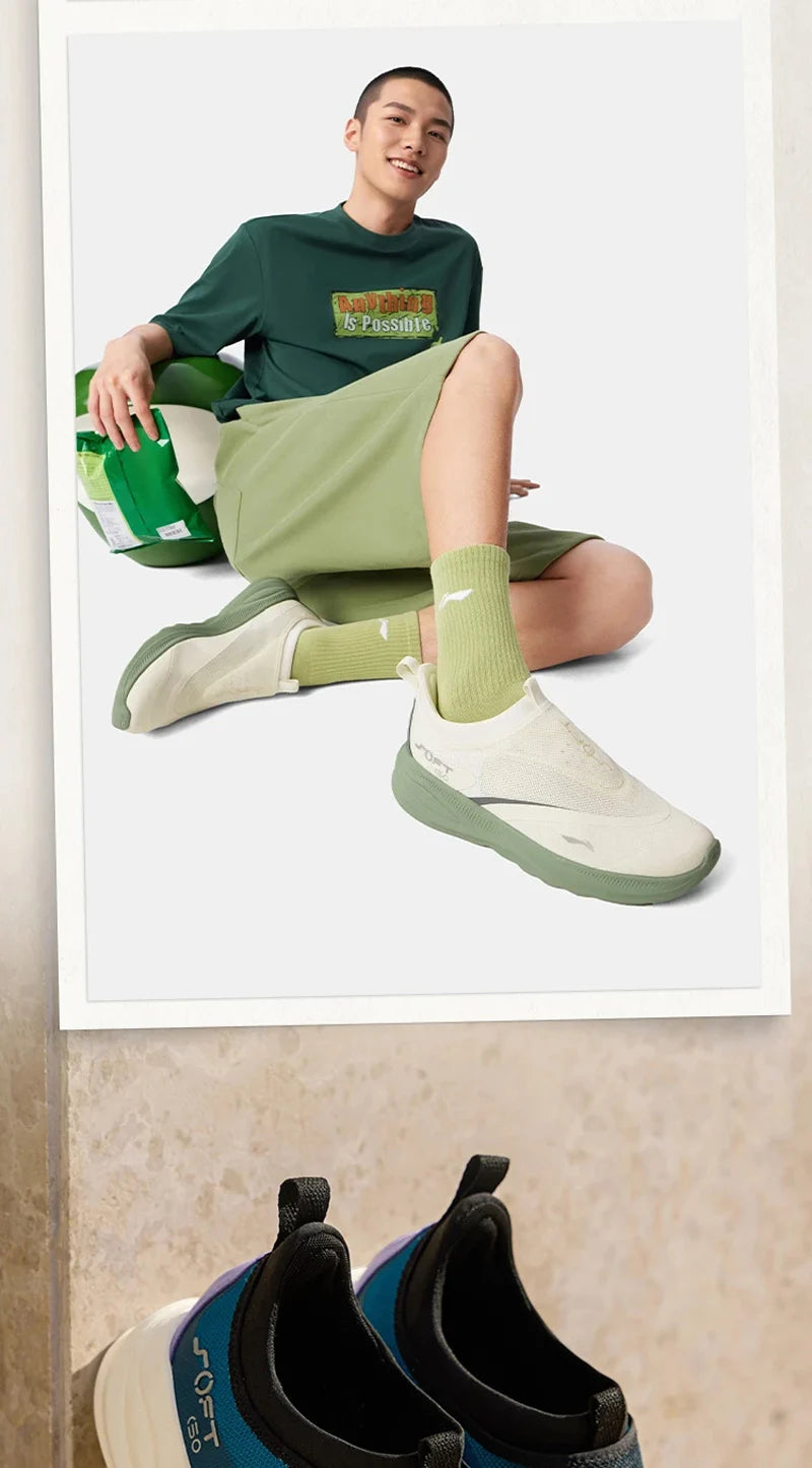 Li-Ning Men SOFT GO 2 Walking Shoes COMFOAM Slip-on Soft Thick Heel LiNing Comfortable Wearable Sports Casual Shoes AGLV005