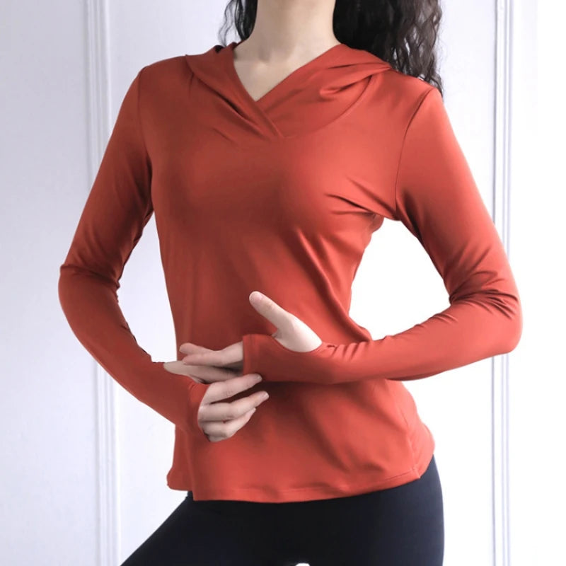 Women's Back Fork Mesh Breathable Yoga Shirt Long Sleeve Thumb Hole Hoodie Waist Tops Slim Slim Fitness Clothing