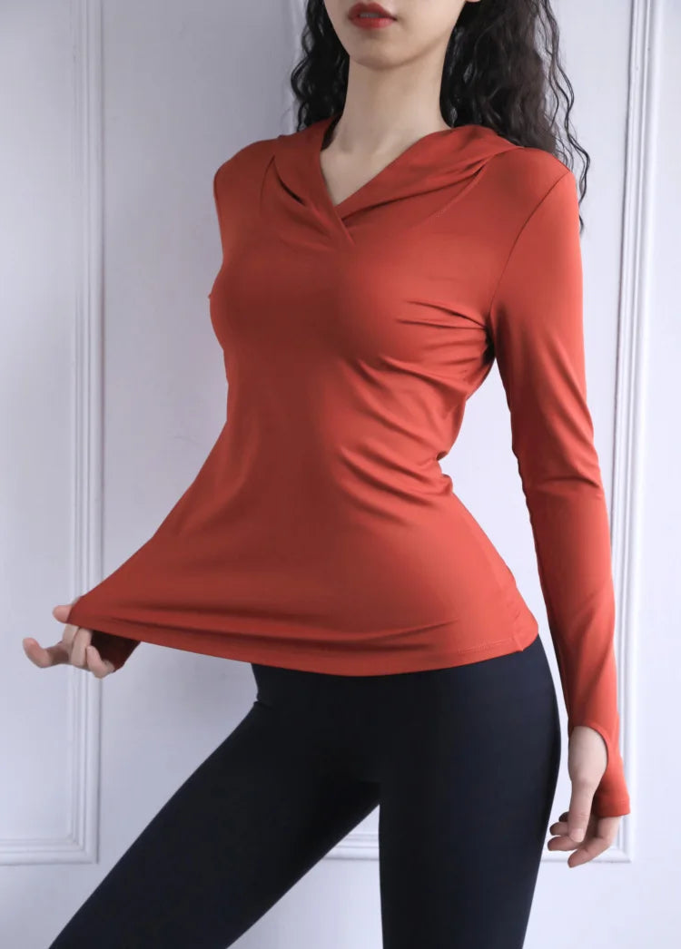 Women's Back Fork Mesh Breathable Yoga Shirt Long Sleeve Thumb Hole Hoodie Waist Tops Slim Slim Fitness Clothing