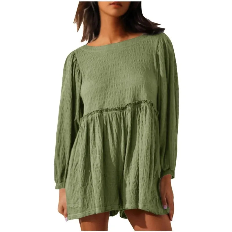 Fashion Women's Shorts Jumpsuit Summer Long Sleeve Casual Jumpsuit with Shorts Women Loose Breathable Short Jumpsuits Female