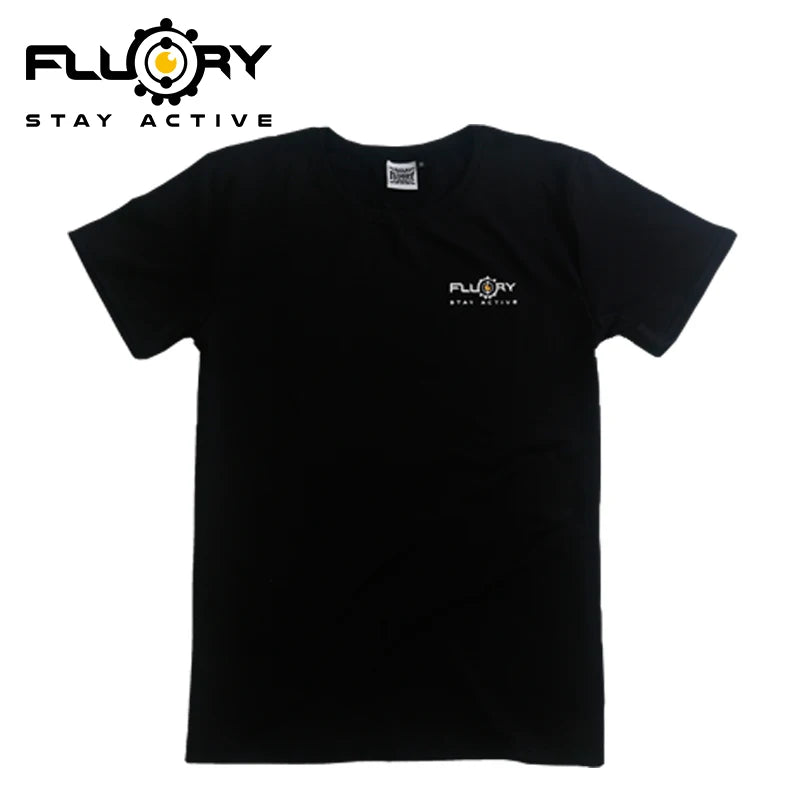 Black t-shirt with Fluory logo on a white background