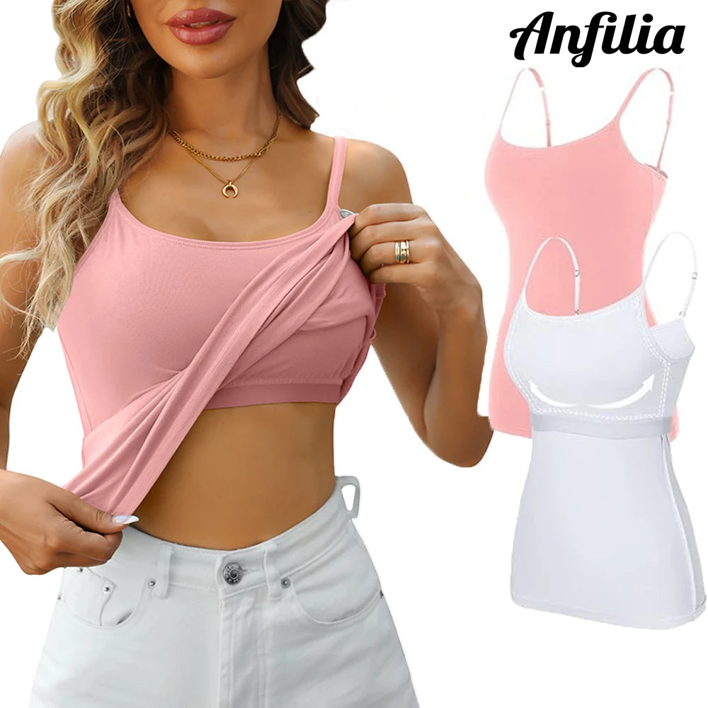 Anfilia Women Basic Camisole Cotton Camisole Tank Tops Built In Self Bra Adjustable Strapped Sleepwear Jogging Wear Running Vest