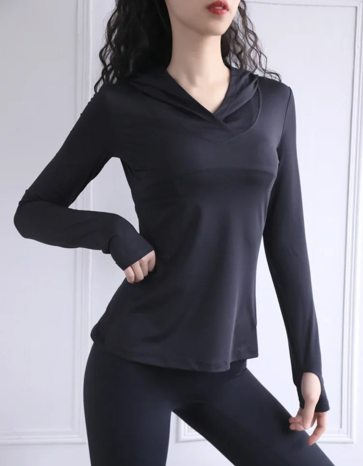 Women's Back Fork Mesh Breathable Yoga Shirt Long Sleeve Thumb Hole Hoodie Waist Tops Slim Slim Fitness Clothing