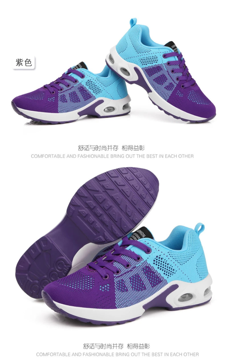 New Spring Flying Knitted Sports Shoes Women's Breathable Mesh Air Cushion Shoes Casual Running Women's Shoes Light Travel Shoes