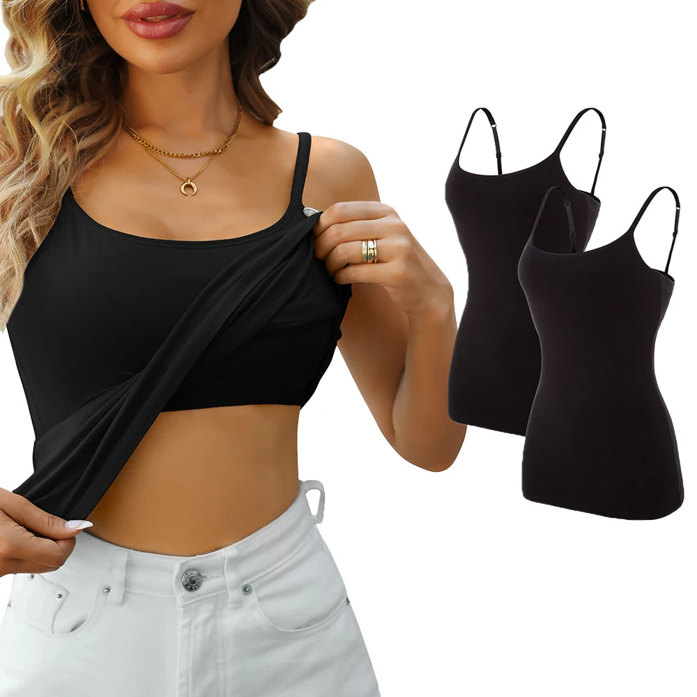 Anfilia Women Basic Camisole Cotton Camisole Tank Tops Built In Self Bra Adjustable Strapped Sleepwear Jogging Wear Running Vest