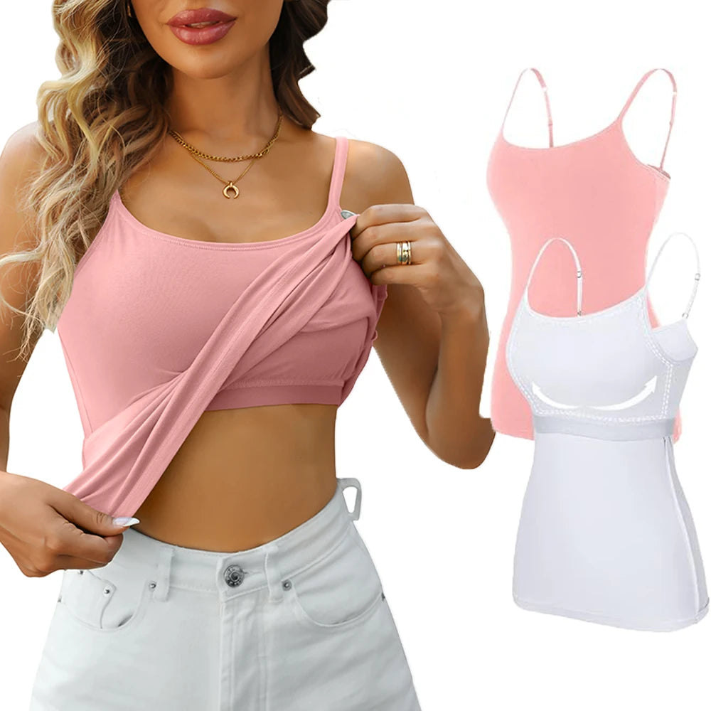 Anfilia Women Basic Camisole Cotton Camisole Tank Tops Built In Self Bra Adjustable Strapped Sleepwear Jogging Wear Running Vest