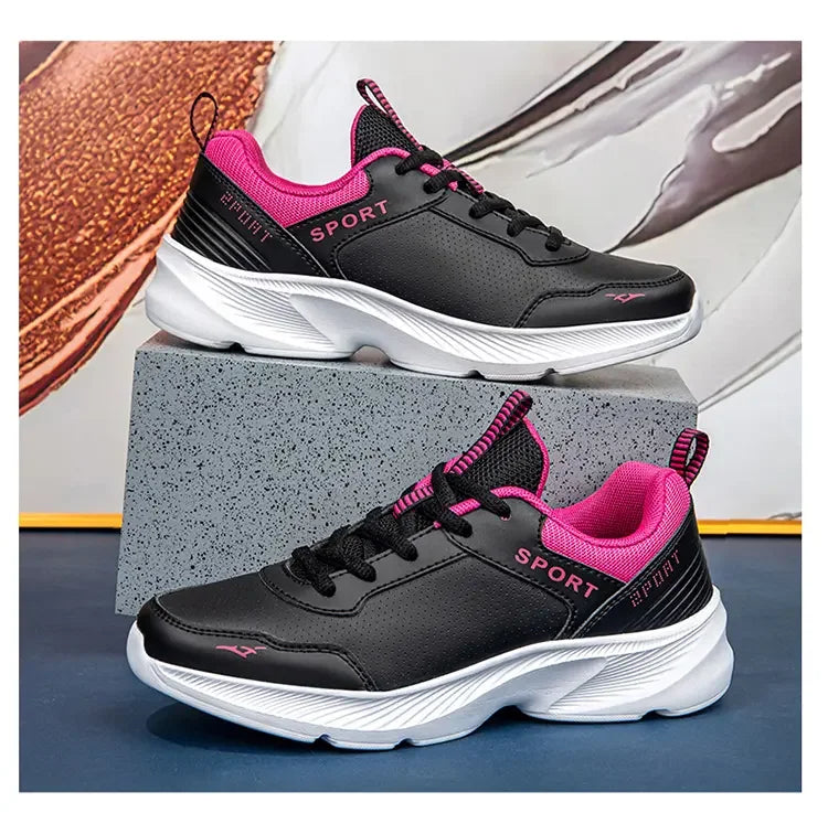 2025 Womens Leather Sneakers Casual Sneakers Lace Up Flats Lightweight Comfortable Black Anti slip Running Shoes Outdoor Sports
