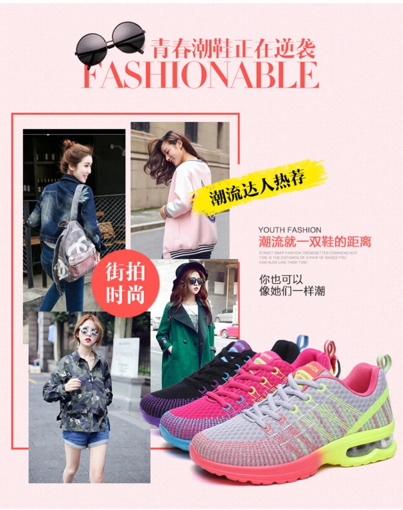 New Spring Flying Knitted Sports Shoes Women's Breathable Mesh Air Cushion Shoes Casual Running Women's Shoes Light Travel Shoes