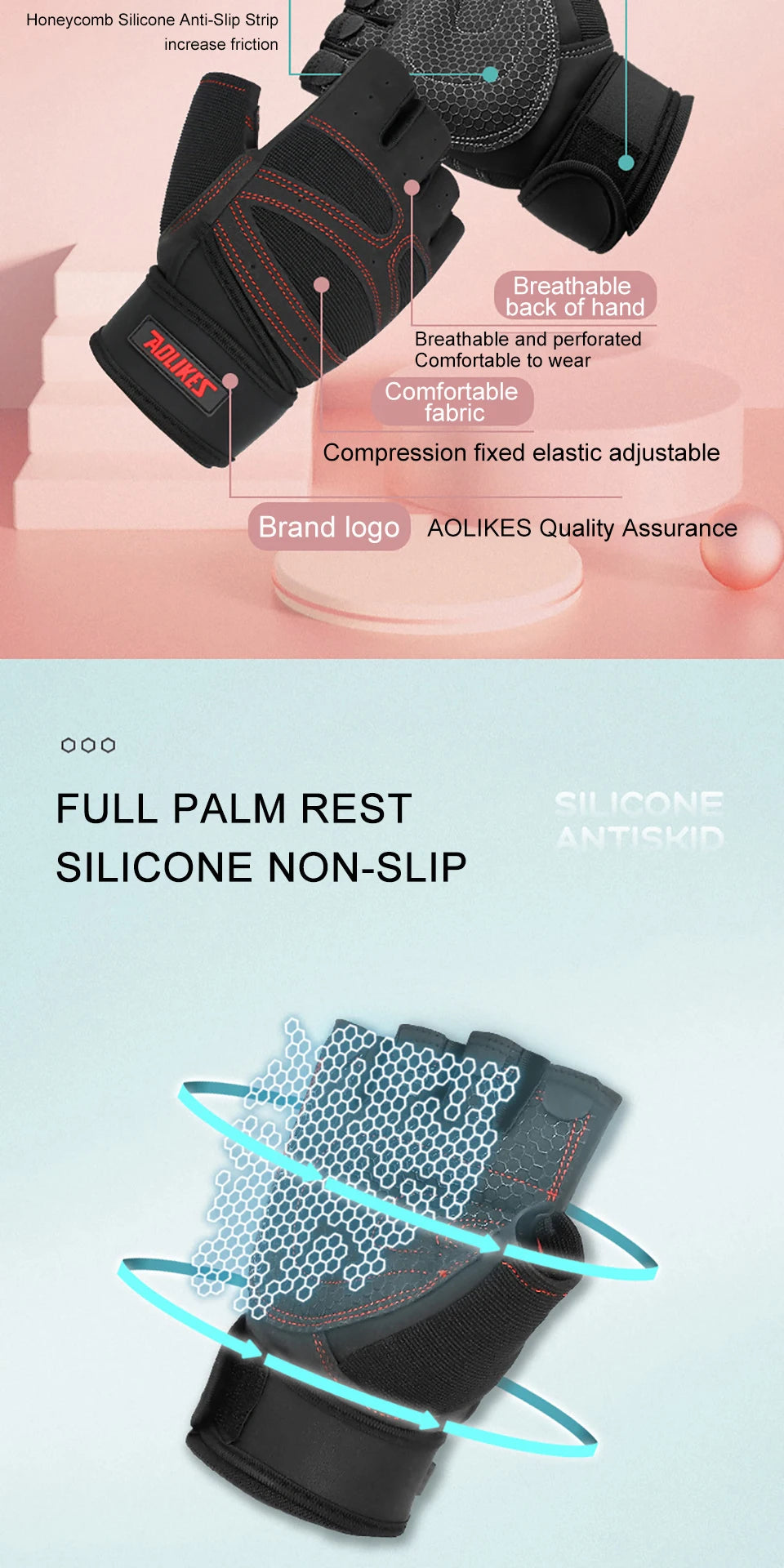 AOLIKES Half Finger Gym Gloves Heavyweight Sports Exercise Weight Lifting Gloves Body Building Training Sport Fitness Gloves