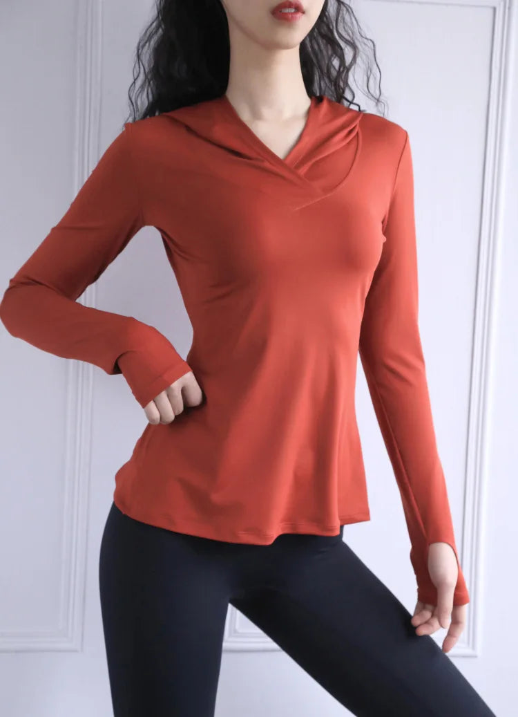 Women's Back Fork Mesh Breathable Yoga Shirt Long Sleeve Thumb Hole Hoodie Waist Tops Slim Slim Fitness Clothing