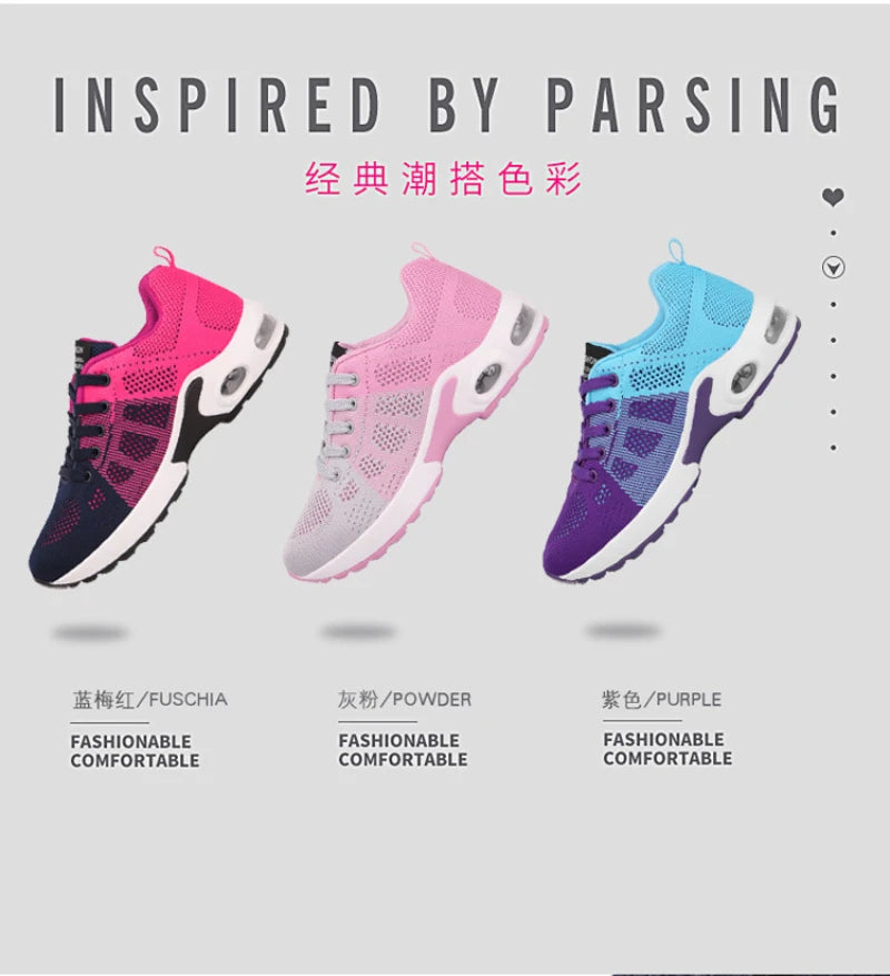 New Spring Flying Knitted Sports Shoes Women's Breathable Mesh Air Cushion Shoes Casual Running Women's Shoes Light Travel Shoes