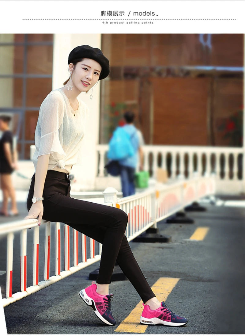 New Spring Flying Knitted Sports Shoes Women's Breathable Mesh Air Cushion Shoes Casual Running Women's Shoes Light Travel Shoes