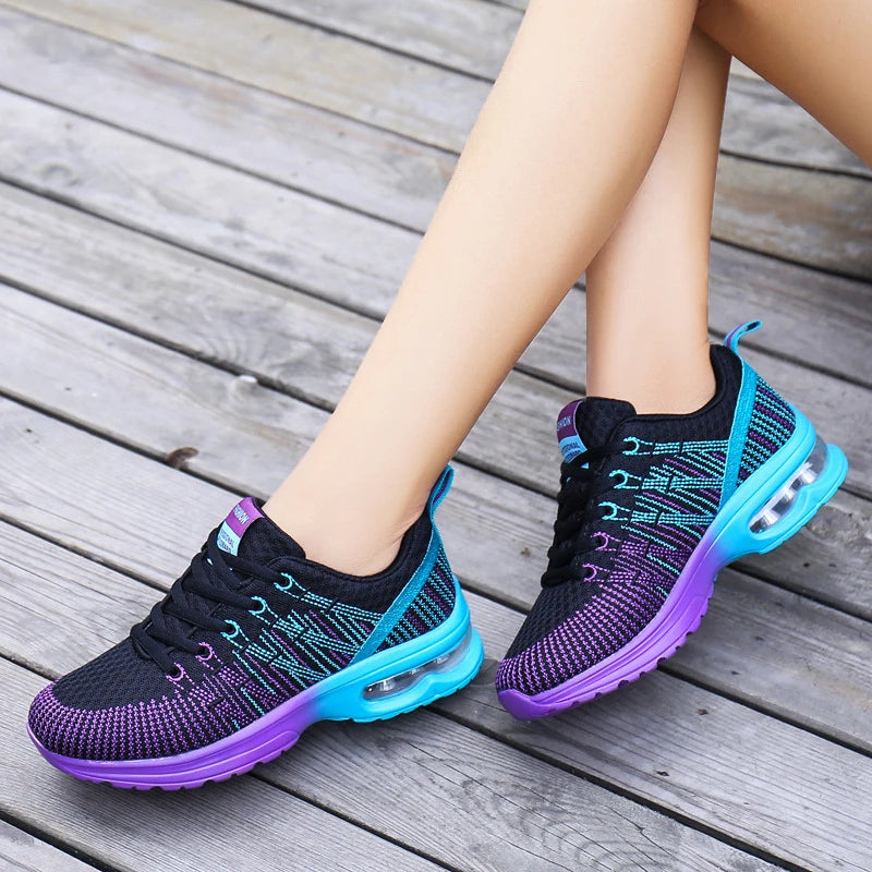 New Spring Flying Knitted Sports Shoes Women's Breathable Mesh Air Cushion Shoes Casual Running Women's Shoes Light Travel Shoes