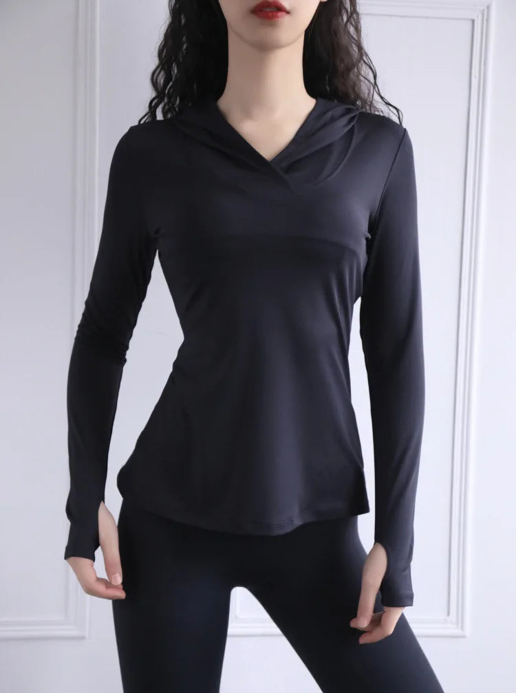 Women's Back Fork Mesh Breathable Yoga Shirt Long Sleeve Thumb Hole Hoodie Waist Tops Slim Slim Fitness Clothing