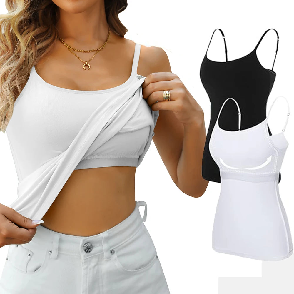 Anfilia Women Basic Camisole Cotton Camisole Tank Tops Built In Self Bra Adjustable Strapped Sleepwear Jogging Wear Running Vest