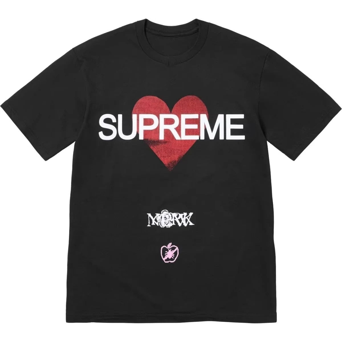 Black t-shirt with 'Supreme' logo featuring a red heart on a white background
