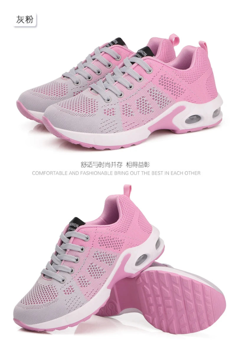 New Spring Flying Knitted Sports Shoes Women's Breathable Mesh Air Cushion Shoes Casual Running Women's Shoes Light Travel Shoes
