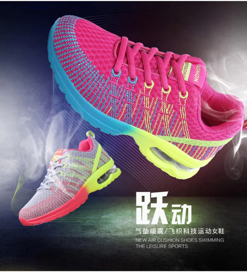 New Spring Flying Knitted Sports Shoes Women's Breathable Mesh Air Cushion Shoes Casual Running Women's Shoes Light Travel Shoes