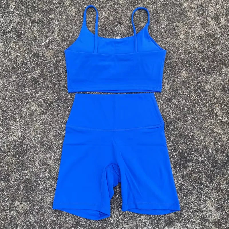 Solid Color gym bike Yoga Set short Legging +cross sport bra Tracksuit Athletic Women Gym Suit Comprehensive Training Jogging