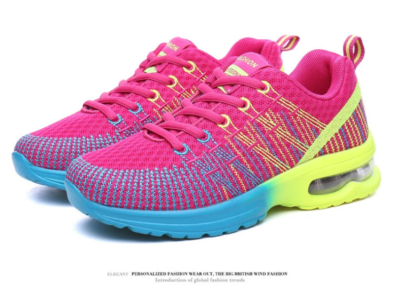 New Spring Flying Knitted Sports Shoes Women's Breathable Mesh Air Cushion Shoes Casual Running Women's Shoes Light Travel Shoes