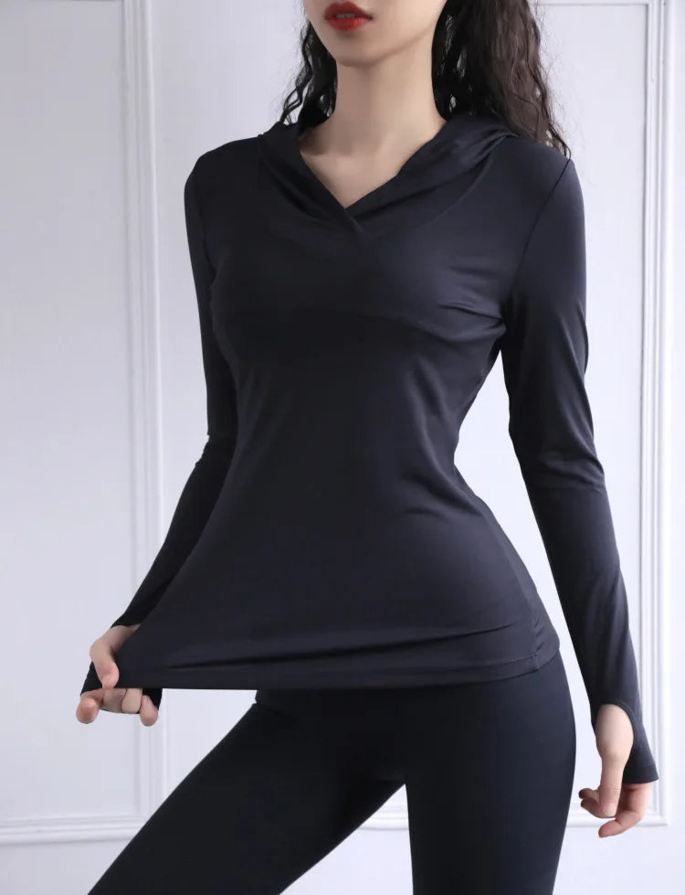Women's Back Fork Mesh Breathable Yoga Shirt Long Sleeve Thumb Hole Hoodie Waist Tops Slim Slim Fitness Clothing