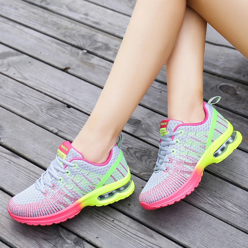 New Spring Flying Knitted Sports Shoes Women's Breathable Mesh Air Cushion Shoes Casual Running Women's Shoes Light Travel Shoes