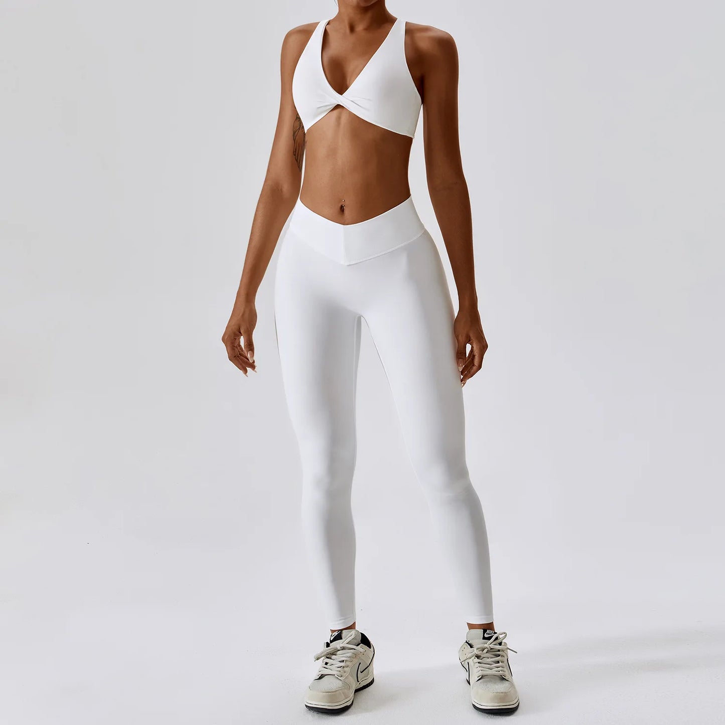 White Yoga Sets Women Sexy Beauty Back Bra High Waist Leggings Suit Comfort Soild Fitness Running Sport Sets Breathabe Sportwear