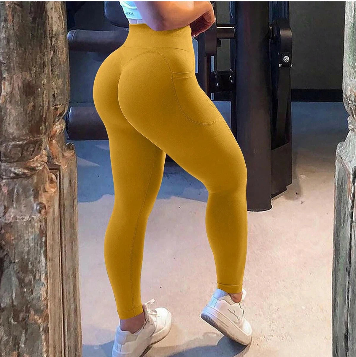 High Waisted Seamless Yoga Pants Butt Lifting Booty Sculpting Gym Leggings with Side Pockets Sexy Workout Tights for Women