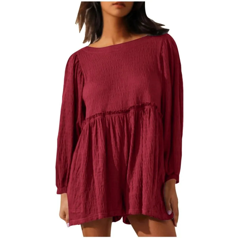 Fashion Women's Shorts Jumpsuit Summer Long Sleeve Casual Jumpsuit with Shorts Women Loose Breathable Short Jumpsuits Female