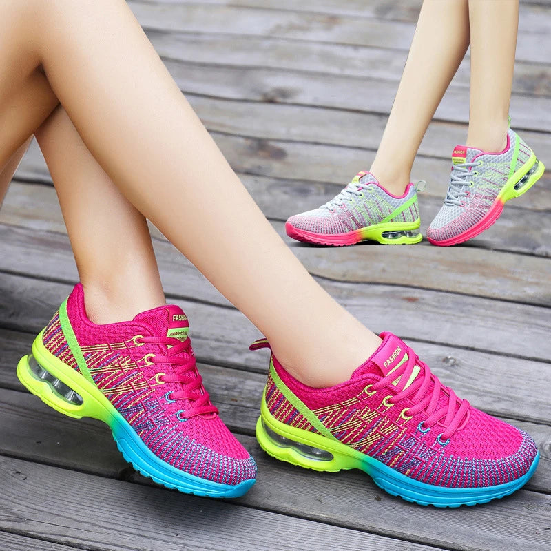 New Spring Flying Knitted Sports Shoes Women's Breathable Mesh Air Cushion Shoes Casual Running Women's Shoes Light Travel Shoes