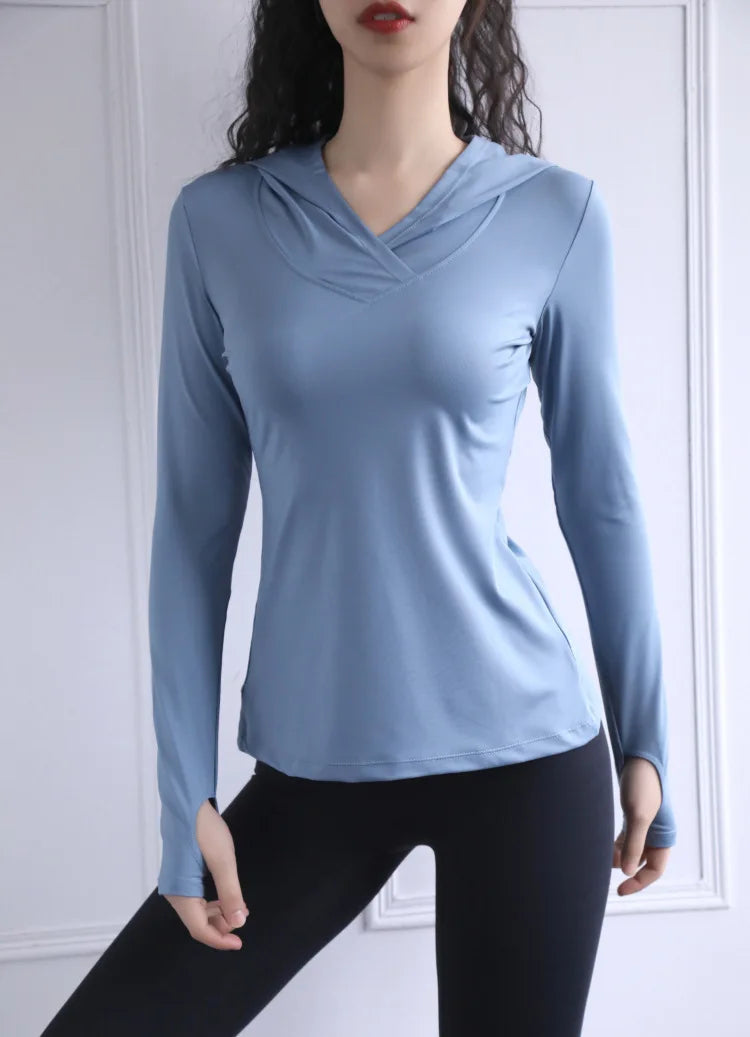 Women's Back Fork Mesh Breathable Yoga Shirt Long Sleeve Thumb Hole Hoodie Waist Tops Slim Slim Fitness Clothing