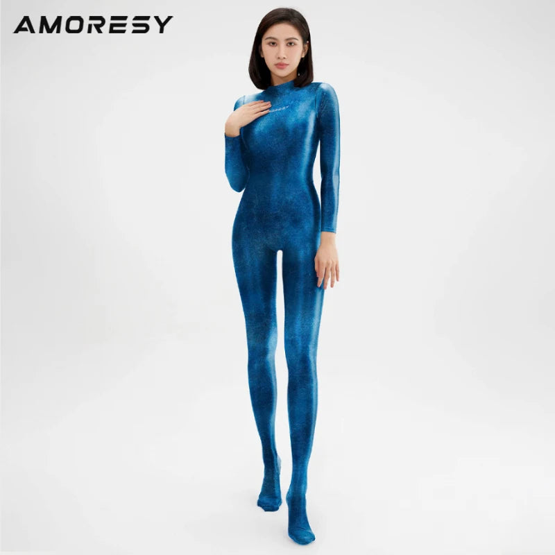 AMORESY satin glossy oil NEW blue pantyhose shiny tight pants swimsuit satin smooth gloves sports Yoga Set