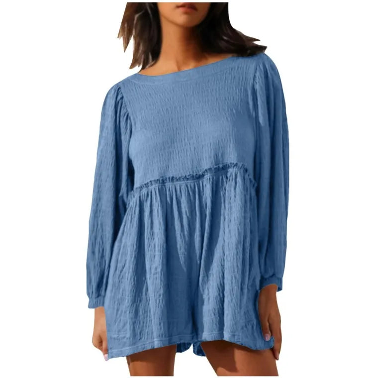 Fashion Women's Shorts Jumpsuit Summer Long Sleeve Casual Jumpsuit with Shorts Women Loose Breathable Short Jumpsuits Female