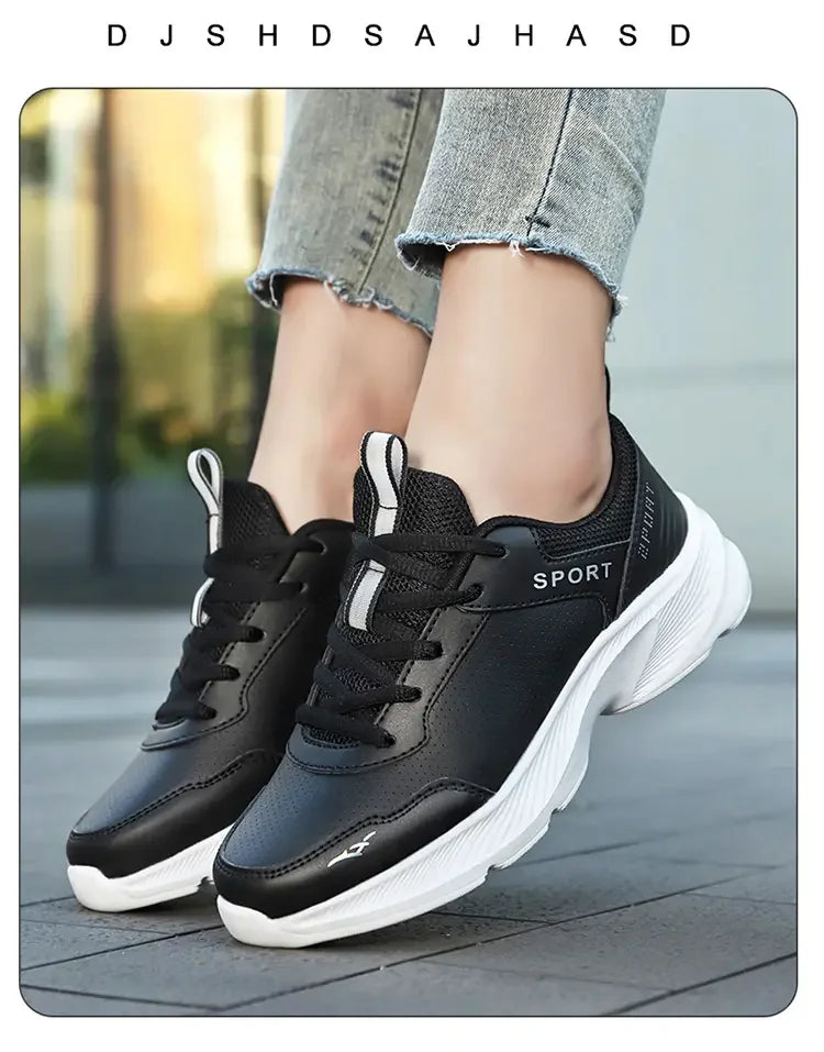 2025 Womens Leather Sneakers Casual Sneakers Lace Up Flats Lightweight Comfortable Black Anti slip Running Shoes Outdoor Sports