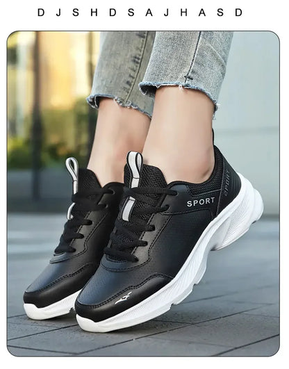 2025 Womens Leather Sneakers Casual Sneakers Lace Up Flats Lightweight Comfortable Black Anti slip Running Shoes Outdoor Sports