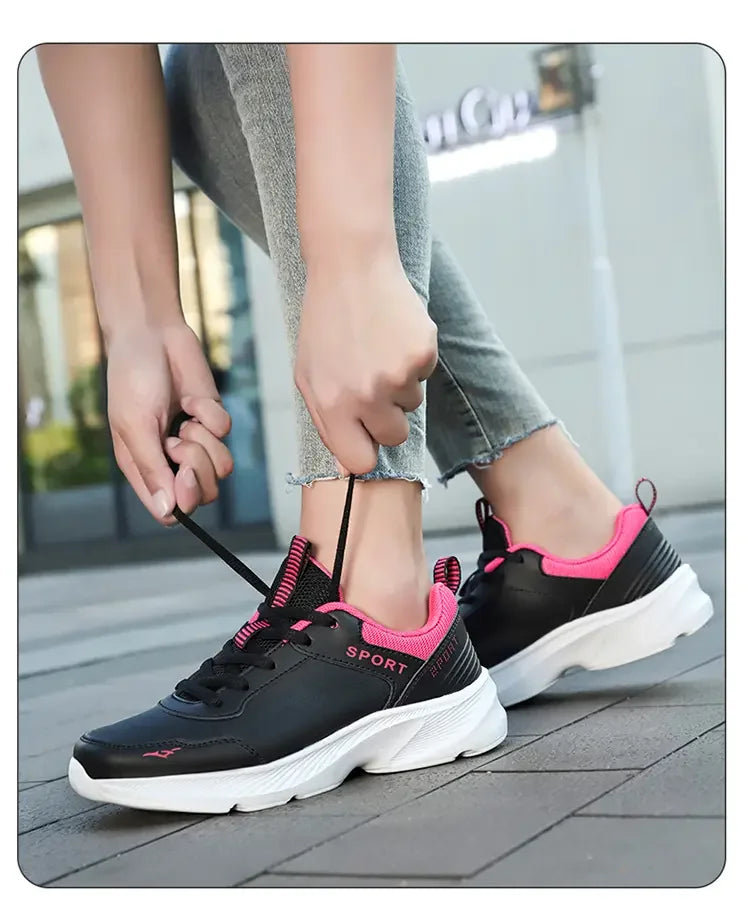 2025 Womens Leather Sneakers Casual Sneakers Lace Up Flats Lightweight Comfortable Black Anti slip Running Shoes Outdoor Sports